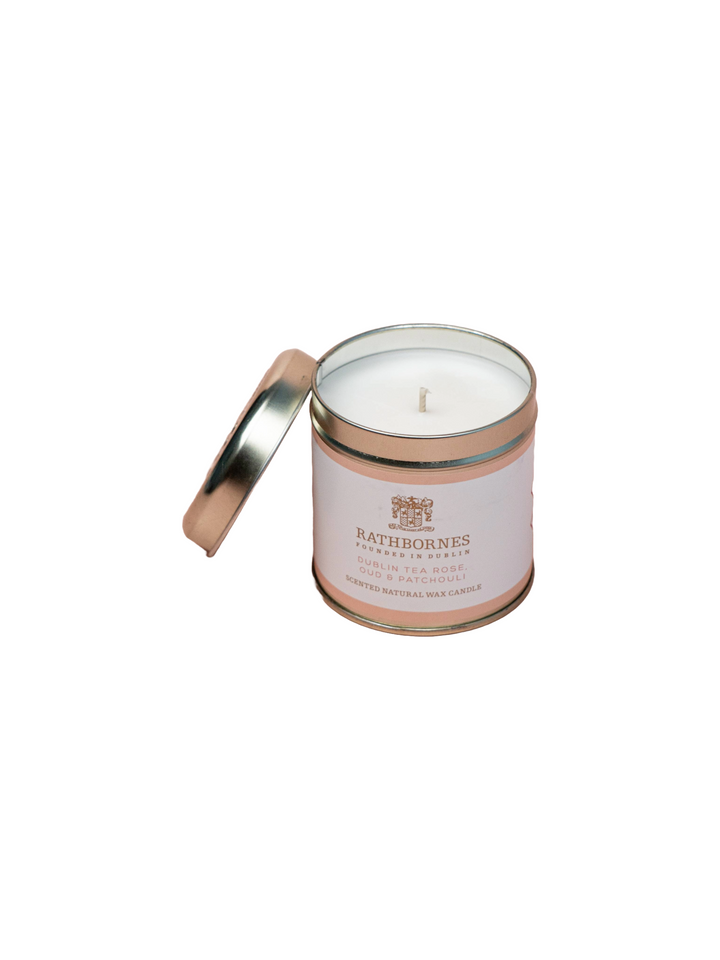 Dublin Tea Rose, Oud & Patchouli Scented Natural Wax Tin Candle