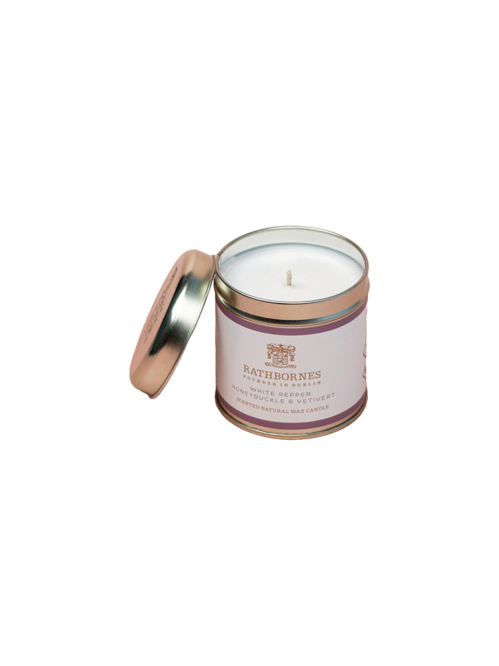 White Pepper, Honeysuckle & Vetivert Scented Natural Candle Tin